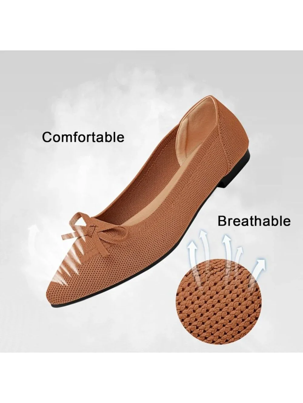 Women's Brown Knit Ballet Flats Pointed Toe Bow Comfortable Dressy Shoes